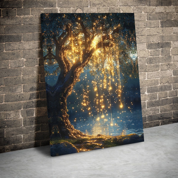 Magical Willow Tree Canvas Print | Enchanted Forest Fairy Lights Wall Art | Premium Gallery Wrap Decor | Dreamy Nature Aesthe