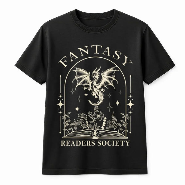 Fantasy Readers Society T-Shirt | Magical Dragon Book Art | Premium 100% Cotton Tee | Gift for Book Lovers and Fantasy Reader