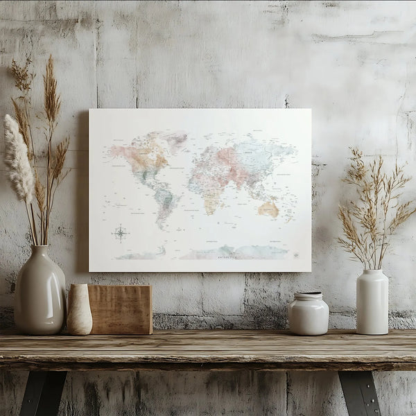 Watercolor World Map Canvas Print | Earthy Tones Geographic Wall Art | 1.25-Inch Gallery Wrap Frame | Modern Home & Office De