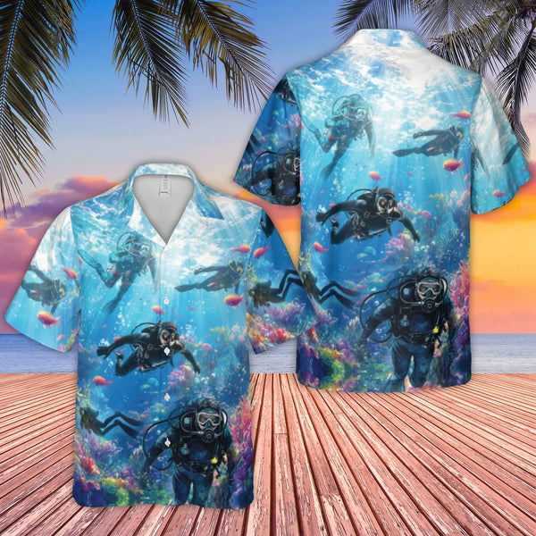 Scuba Diving Hawaiian Shirt | Underwater Coral Reef Ocean Print | Premium Wrinkle-Resistant Polyester | Gift for Ocean Lovers