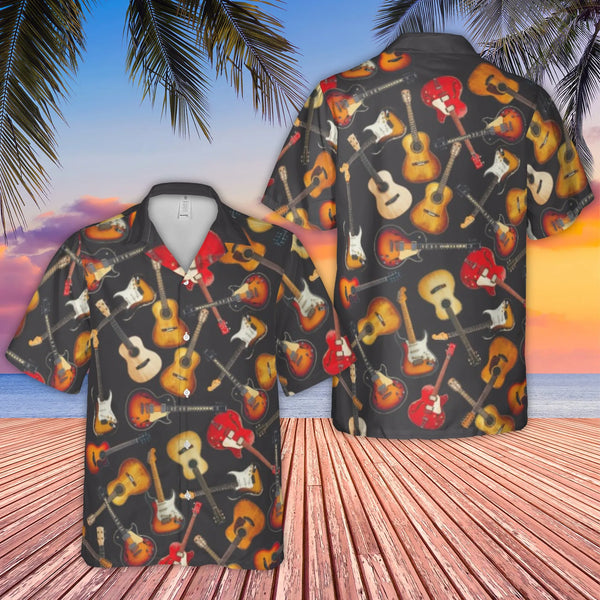 Guitar Hawaiian Shirt | All-Over Music Print Cuban Collar | Lightweight Woven Polyester | Unique Gift for Musicians and Guita