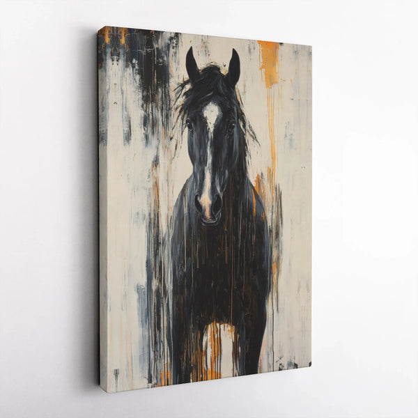 Black Horse Canvas Wall Art | Abstract Dripping Paint Equestrian Decor | Premium Gallery Wrap Print | Modern Farmhouse Living