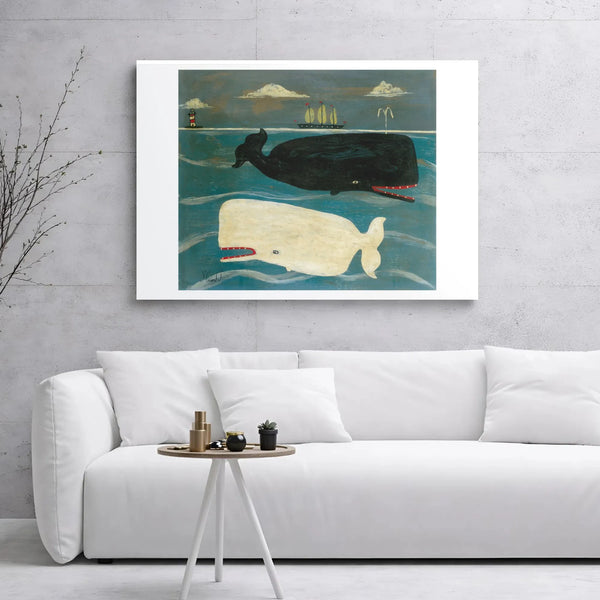 Whale Wall Art Canvas | Folk Art Black and White Sperm Whale Nautical Print | Premium 1.25 Inch Gallery Wrap | Coastal Home D