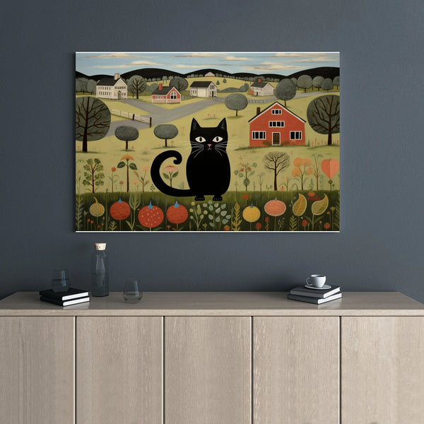 Folk Art Black Cat Canvas Print | Whimsical Rural Landscape Wall Decor | 1.25" Gallery Wrap | Premium Farmhouse Artwork for C