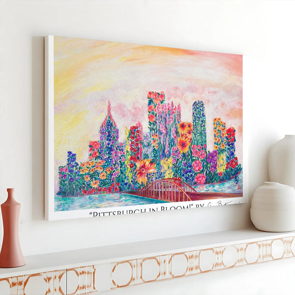 Pittsburgh In Bloom Canvas Art | Floral Skyline Cityscape Painting | Premium Gallery Wrapped Decor | Unique Home & Office Gif