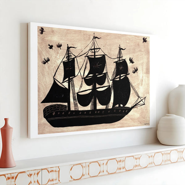 Sailing Ship Canvas Wall Art | Woodcut Style Nautical Decor | Premium 1.25 Inch Gallery Wrap | Ready To Hang Office Or Home G