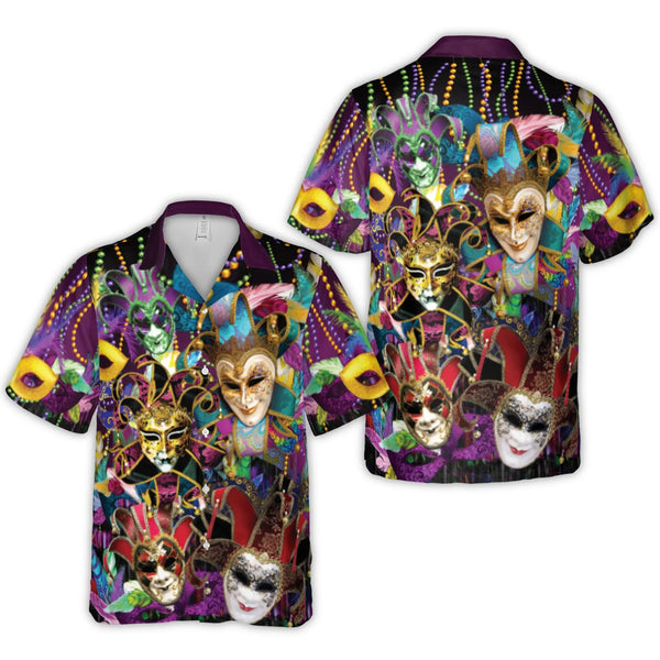 Mardi Gras Hawaiian Shirt | Venetian Mask Carnival Print | Lightweight Woven Polyester | Festival Party Outfit For Men And Wo