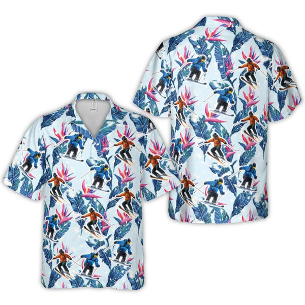 Skiing Hawaiian Shirt | Tropical Bird Of Paradise Floral Print | Premium Lightweight Polyester | Unique Winter Sports Gift Fo