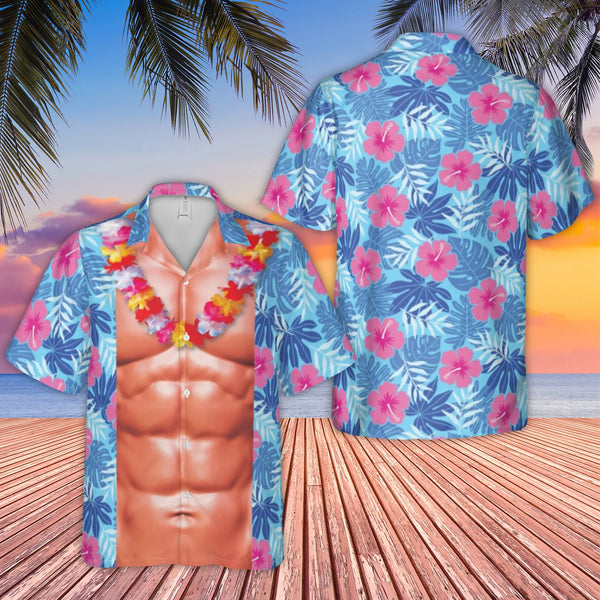 Funny Six Pack Abs Hawaiian Shirt | Tropical Hibiscus Lei Print | Lightweight Woven Polyester | Gag Gift for Beach Parties an