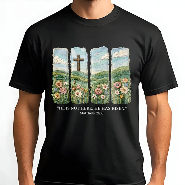 He Is Risen T-Shirt | Matthew 28:6 Floral Cross Embroidery Style Graphic | 100% Cotton Premium Tee | Easter Sunday Religious 