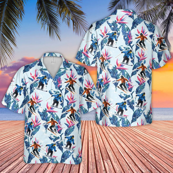 Skiing Hawaiian Shirt | Tropical Bird Of Paradise Floral Print | Premium Lightweight Polyester | Unique Winter Sports Gift Fo