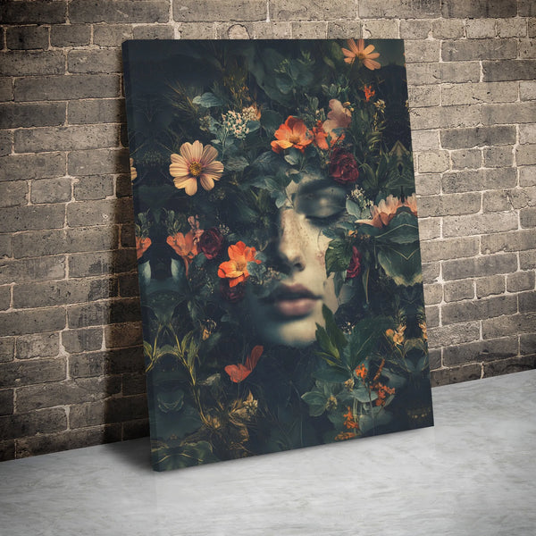 Moody Floral Woman Portrait Canvas | Dark Botanical Fine Art Print | Premium Gallery Wrap Wall Decor | Dreamy Nature Aestheti