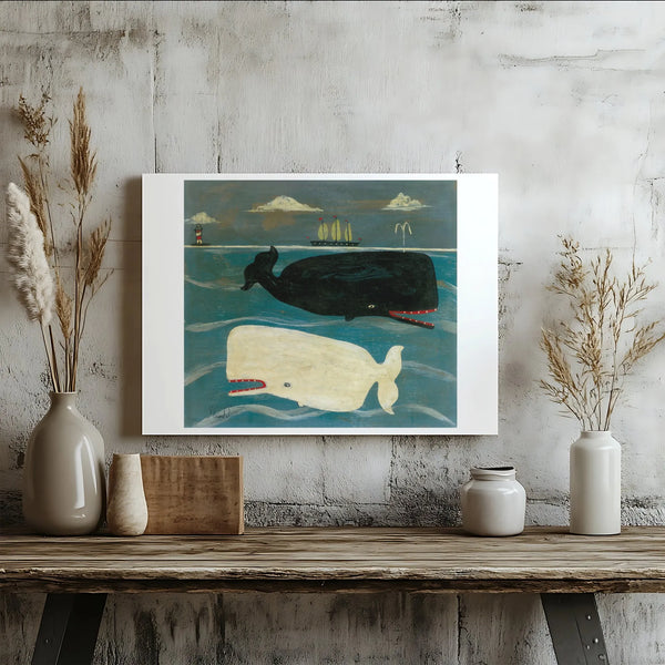 Whale Wall Art Canvas | Folk Art Nautical Ocean Painting | Premium Gallery Wrapped Decor | Coastal Living Room Gift for Sea L