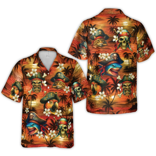 Pirate Hawaiian Shirt | Funny Cat Shark Parrot Tiki Mask Sunset Print | Wrinkle-Resistant Woven Polyester | Unique Beach Vaca