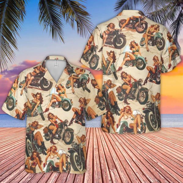 Vintage Biker Pin-Up Hawaiian Shirt | Retro Motorcycle Graphic Print | Durable Woven Polyester | Fun Gift for Motorcycle Enth